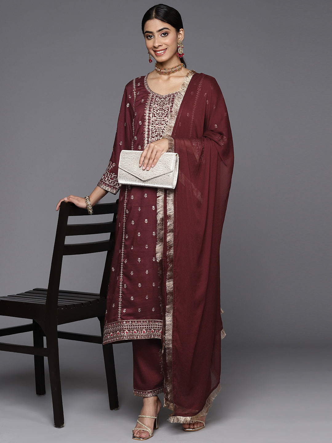 Varanga Women Maroon Embroidered Kurta Paired With Tonal Bottom And Dupatta - Distacart