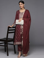 Thumbnail for Varanga Women Maroon Embroidered Kurta Paired With Tonal Bottom And Dupatta - Distacart