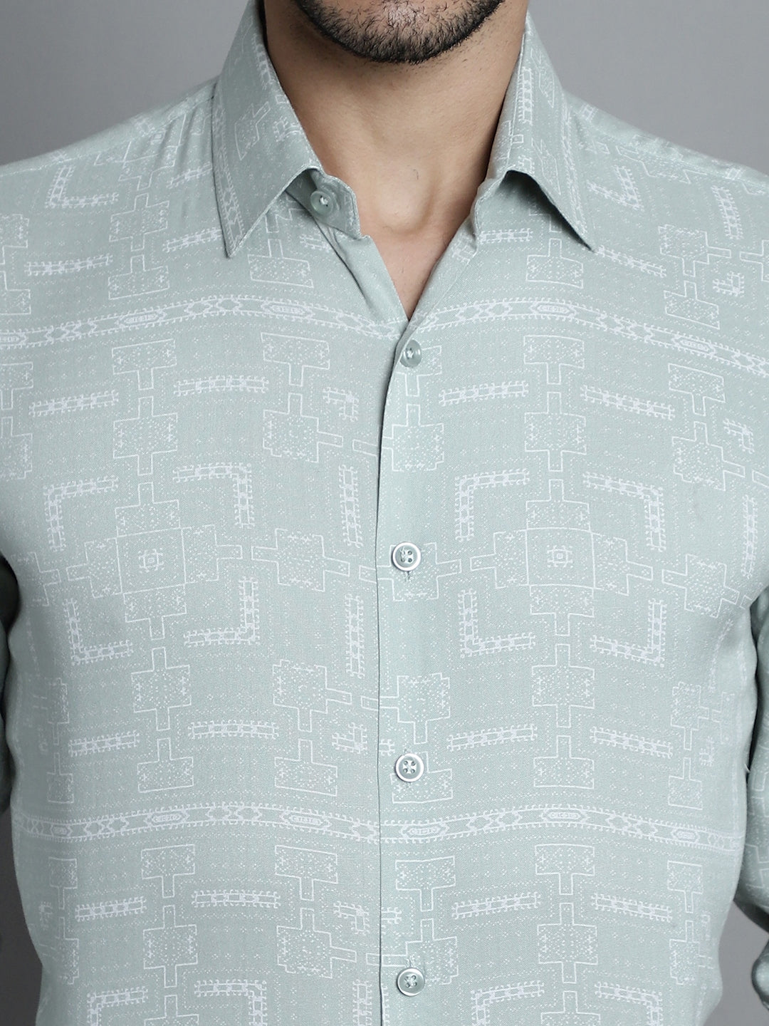 Jainish Men's Geomatric Printed Formal Shirts - Pista - Distacart