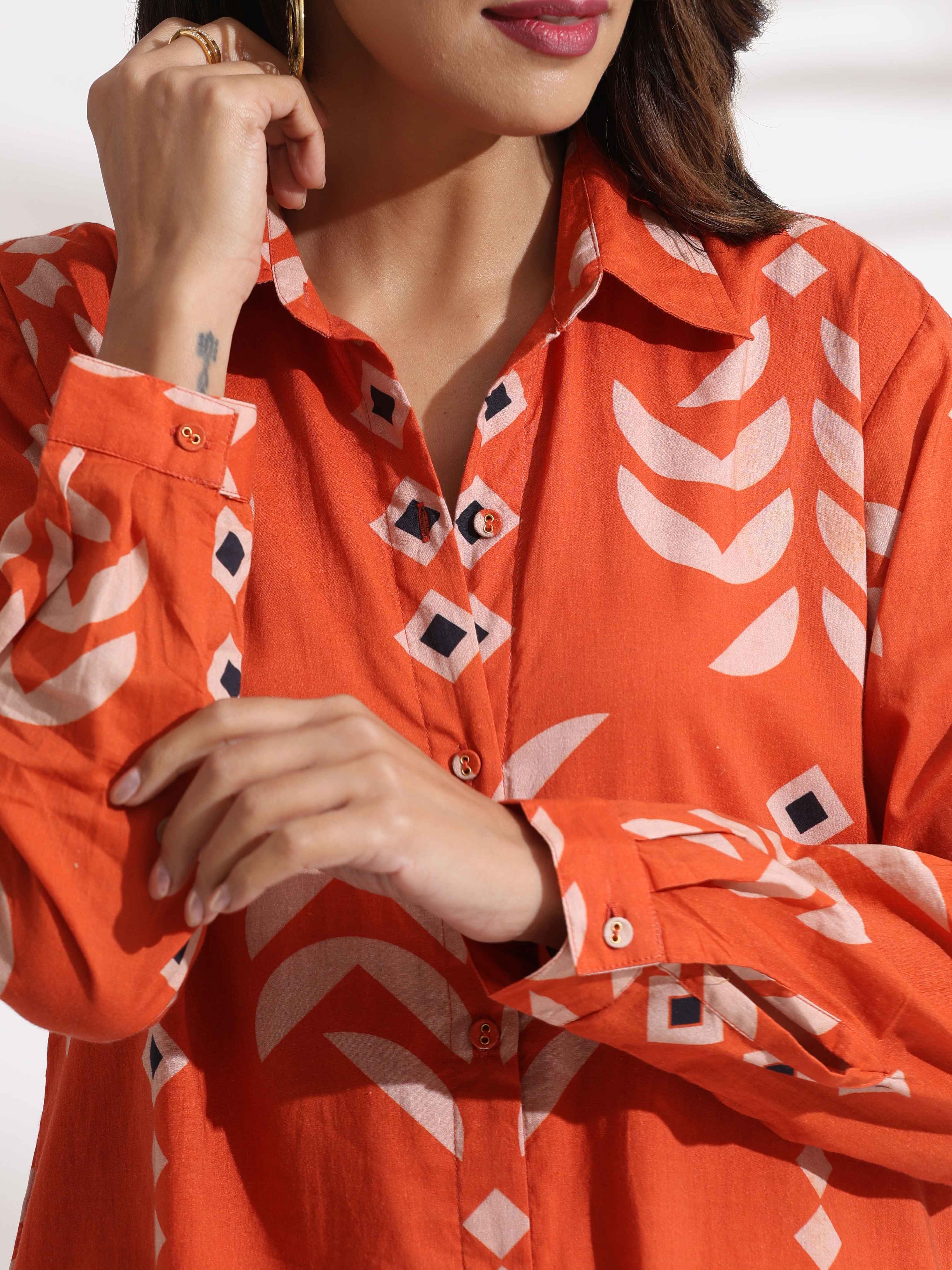 trueBrowns Orange Cotton Print Shirt Dress
