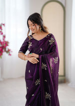 Thumbnail for Evanik Designer Heavy Fendy Satin With Beads Embroidered Work Saree With Unstitched Blouse