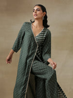 Thumbnail for trueBrowns Dark Green Bandhani Printed Silk Angrakha Kurta Pant Set - Distacart