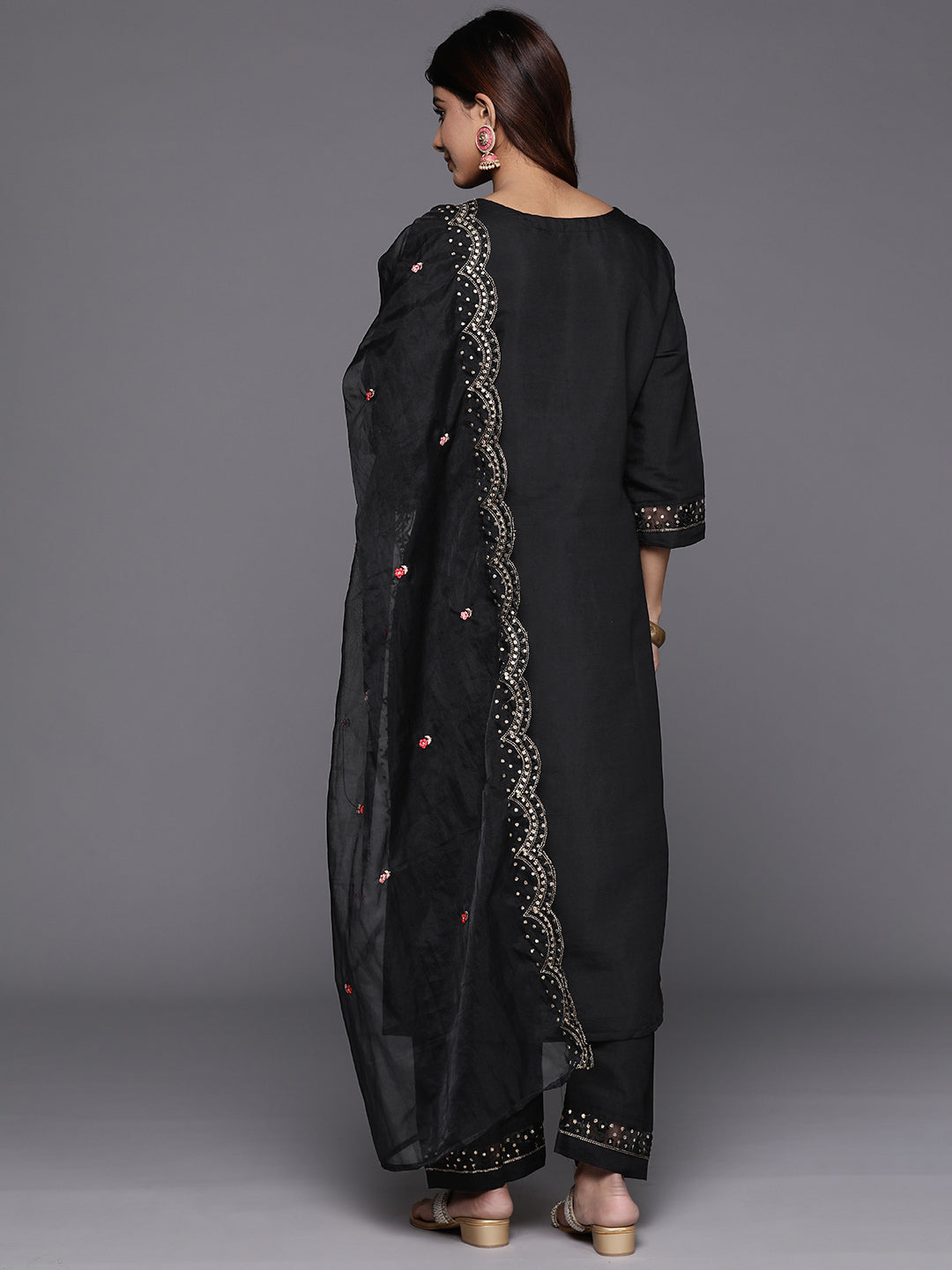 Varanga Women Black Thread And Sequins Embroidered Kurta With Bottom And Dupatta - Distacart