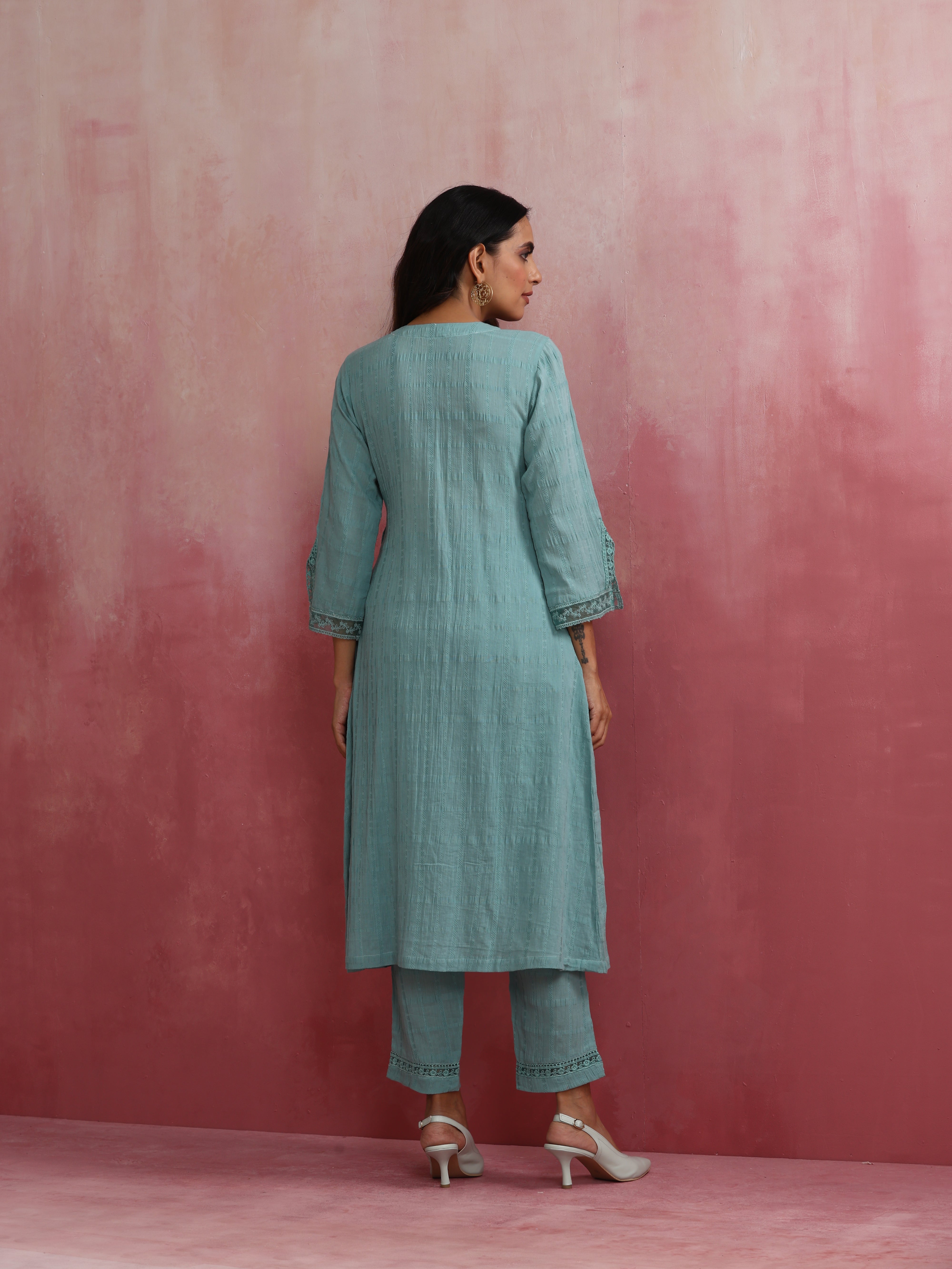 trueBrowns Aqua Blue Cotton Dobby Angrakha Kurta Set - Distacart