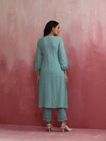 Thumbnail for trueBrowns Aqua Blue Cotton Dobby Angrakha Kurta Set - Distacart