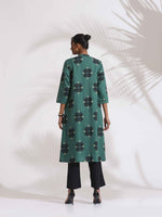 Thumbnail for trueBrowns Green Cotton Print Front Slit Kurta Set