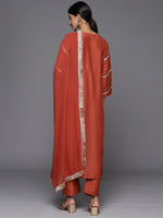 Thumbnail for Varanga Women Rust Mirror Work Yoke Embroidered Straight Kurta Paired With Tonal Bottom And Tonal Solid Dupatta With Four Side Fringes - Distacart