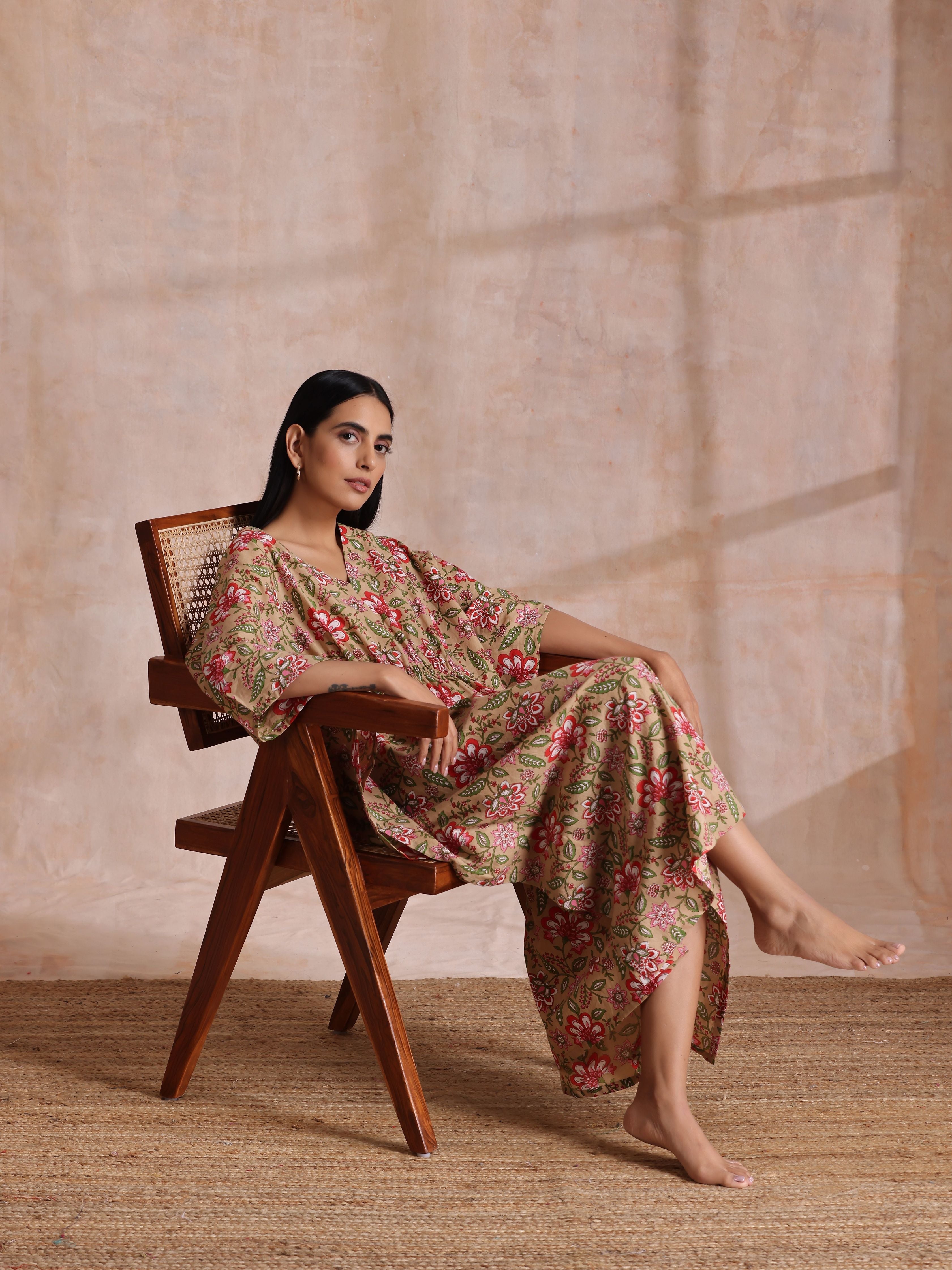 trueBrowns Beige Overall Big Floral Block Print Cotton Kaftan Dress - Distacart