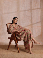 Thumbnail for trueBrowns Beige Overall Big Floral Block Print Cotton Kaftan Dress - Distacart