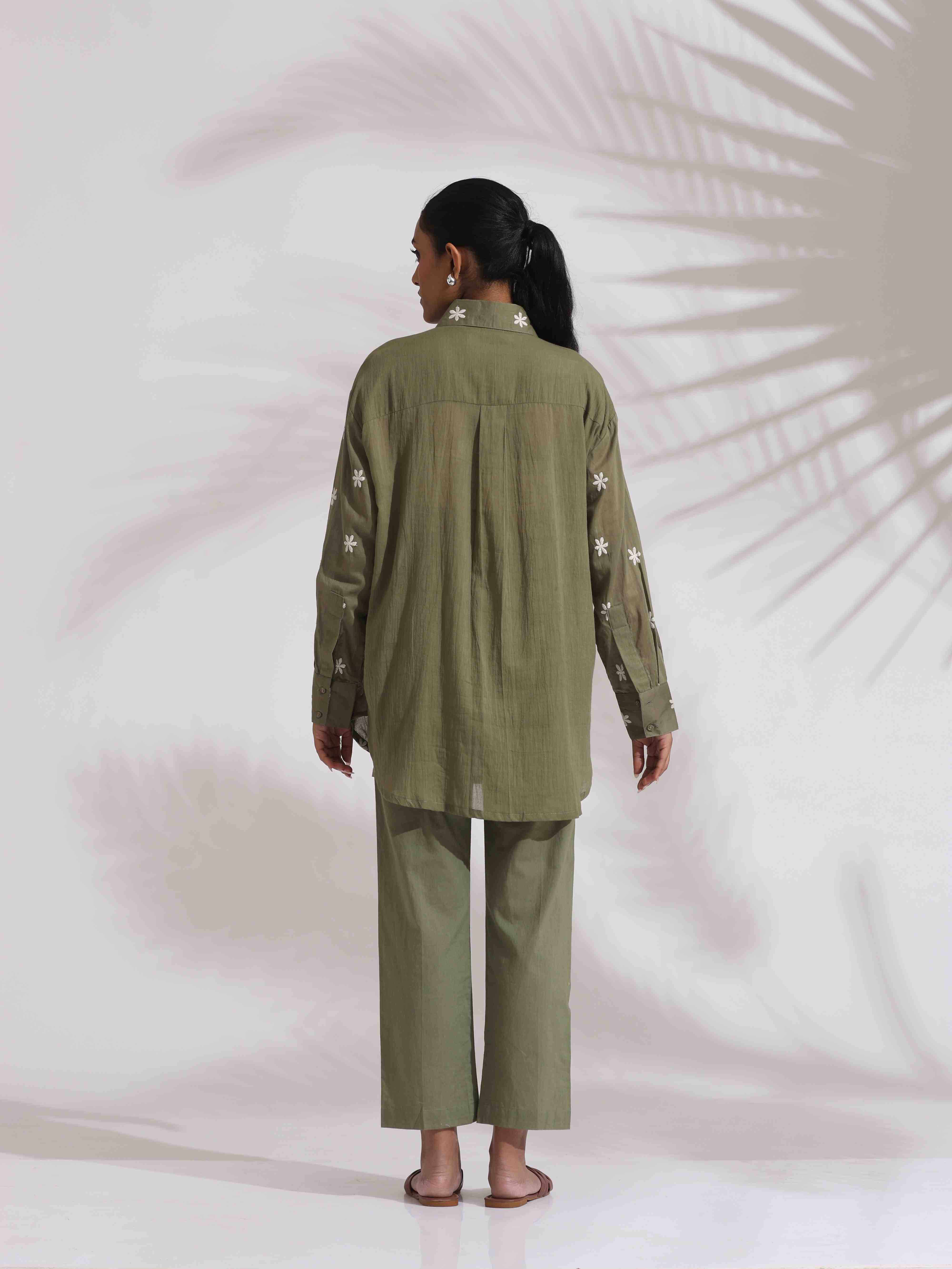 trueBrowns Olive Green Cotton Floral Embroidered Co-ord Set