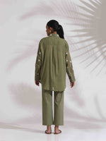 Thumbnail for trueBrowns Olive Green Cotton Floral Embroidered Co-ord Set