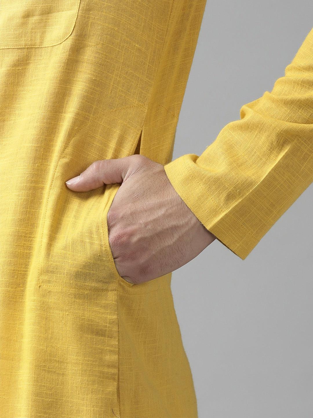 Fabmade Men Yellow Cotton Linen Kurta Pyjama - Distacart