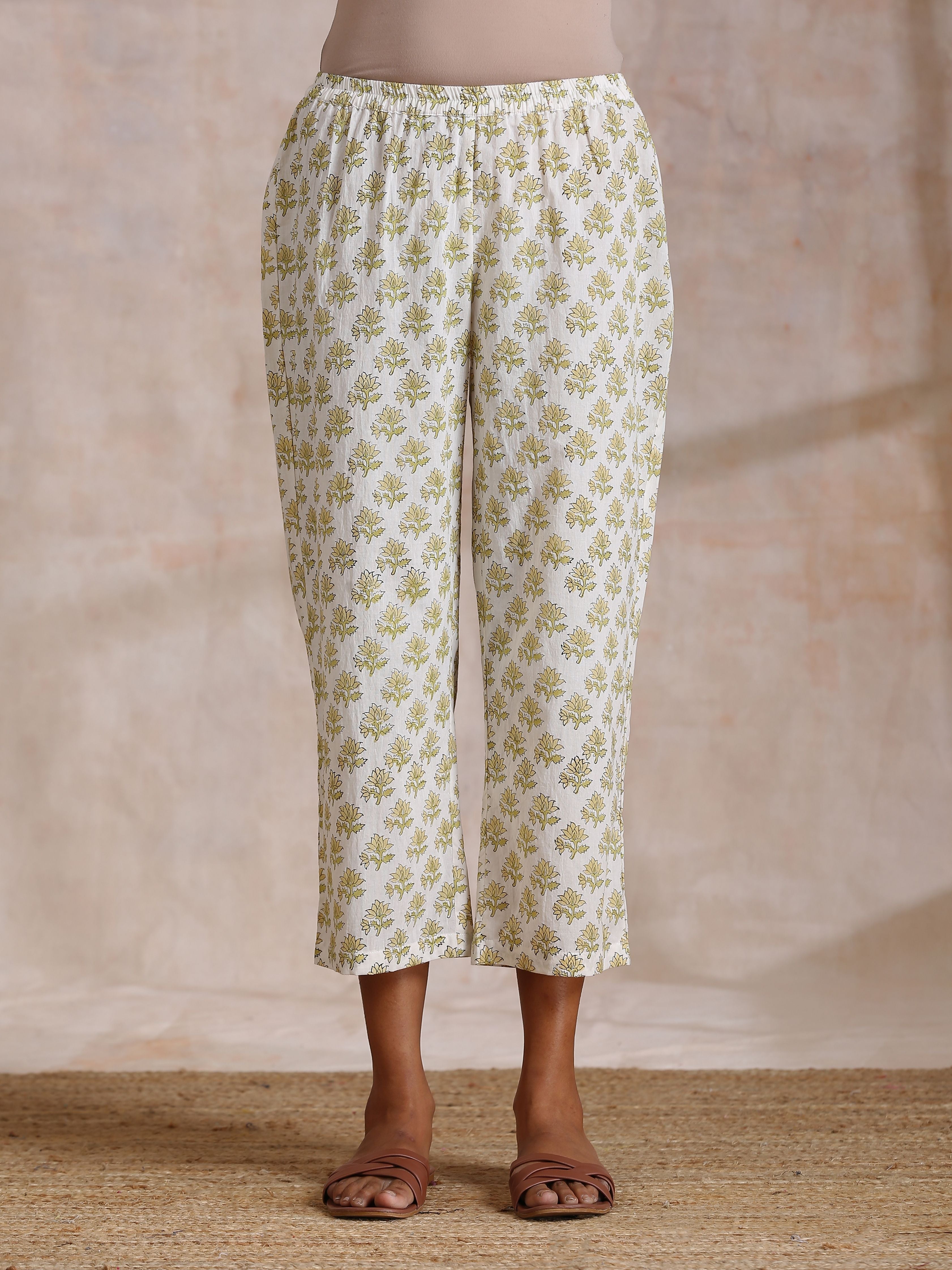 trueBrowns Green Buta On Off White Block Print Cotton Slit Gathered Kurta Set - Distacart