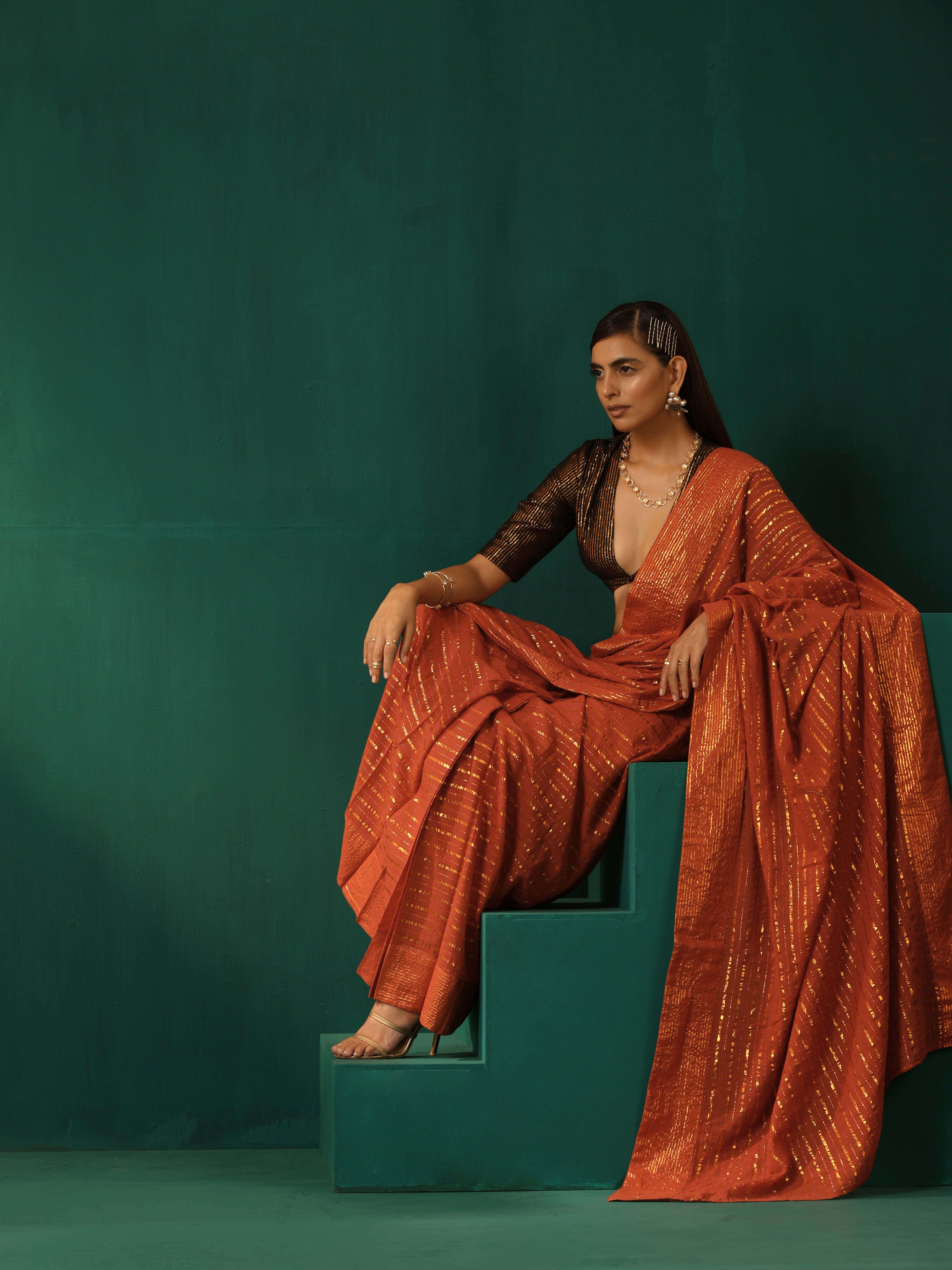 trueBrowns Rust Cotton Gold Lurex Striped Ready to Wear Saree - Distacart