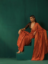 Thumbnail for trueBrowns Rust Cotton Gold Lurex Striped Ready to Wear Saree - Distacart