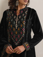 Thumbnail for trueBrowns Black Velvet Geometric Embroidered Kurta Pant Dupatta Set