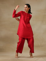 Thumbnail for trueBrowns Maroon Textured Silk Front Placket Co-Ord Set - Distacart
