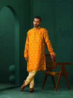 Thumbnail for trueBrowns Men's Mustard Geometric Floral Viscose Silk Long Kurta - Distacart
