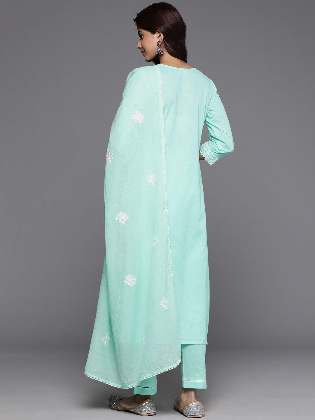 Varanga Women Sea Green Thread Embroidered Straight Kurta With Bottom And Dupatta - Distacart
