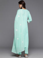 Thumbnail for Varanga Women Sea Green Thread Embroidered Straight Kurta With Bottom And Dupatta - Distacart