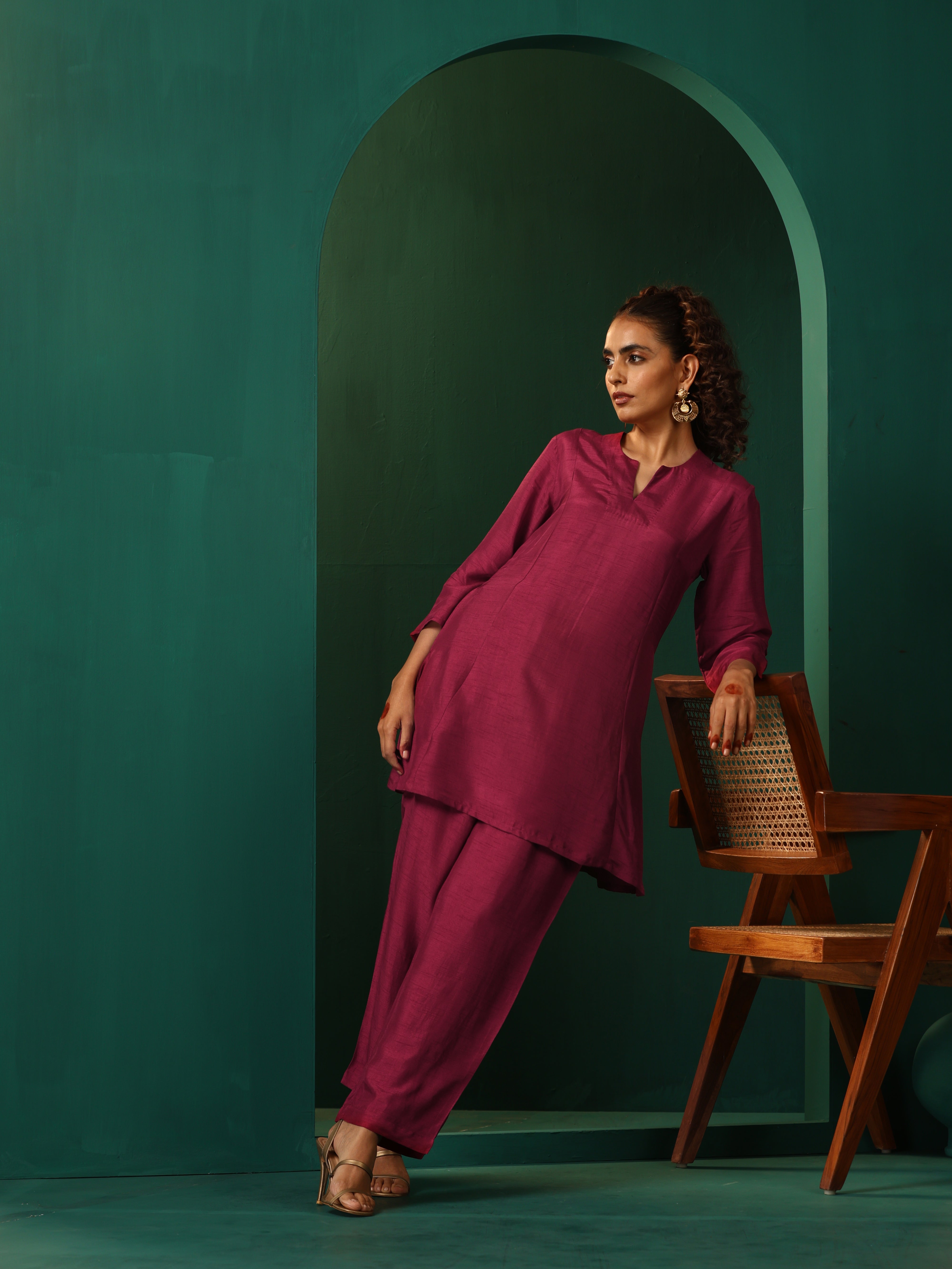 trueBrowns Maroon Silk Relaxed Co-ord Set - Distacart