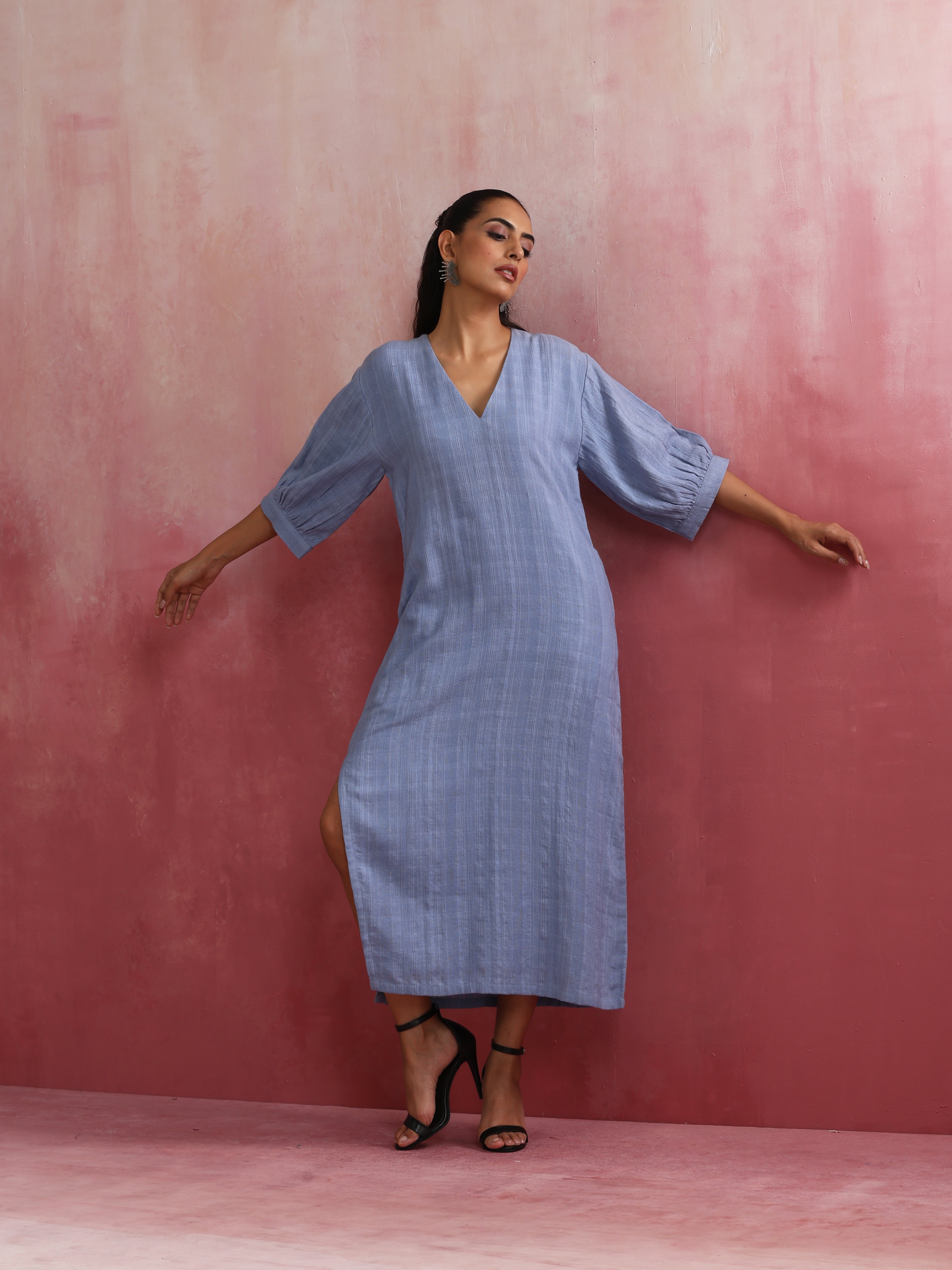 trueBrowns Sky Blue Cotton Dobby Dress - Distacart
