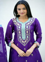 Thumbnail for Teeya Creation Purple Color Chinon Silk Heavy Embroidery Work Fully Stitched Sharara Suit - Distacart