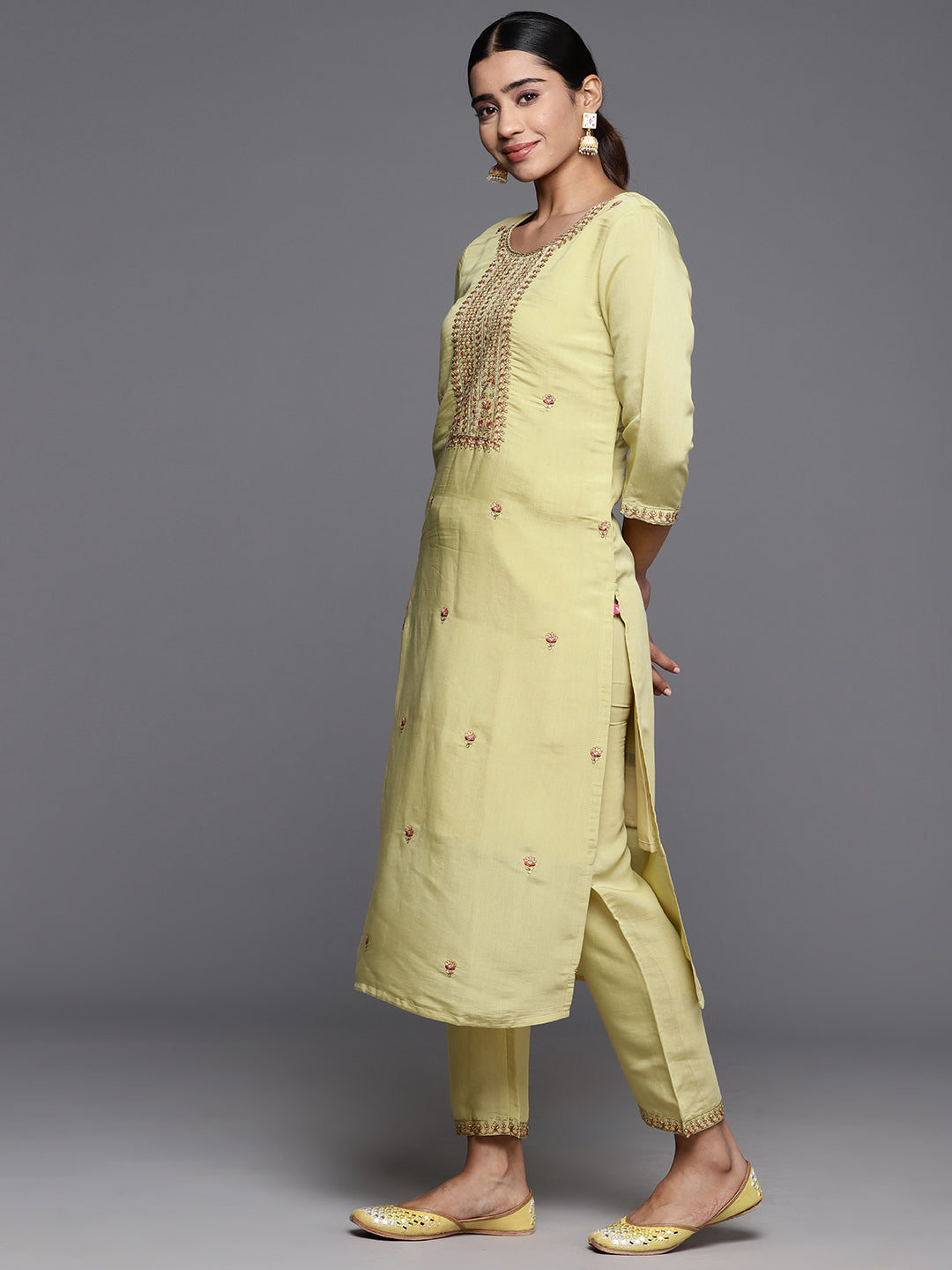 Varanga Women Beige Embroidered Straight Kurta Paired With Tonal Embroidered Bottom And Embroidered Dupatta - Distacart