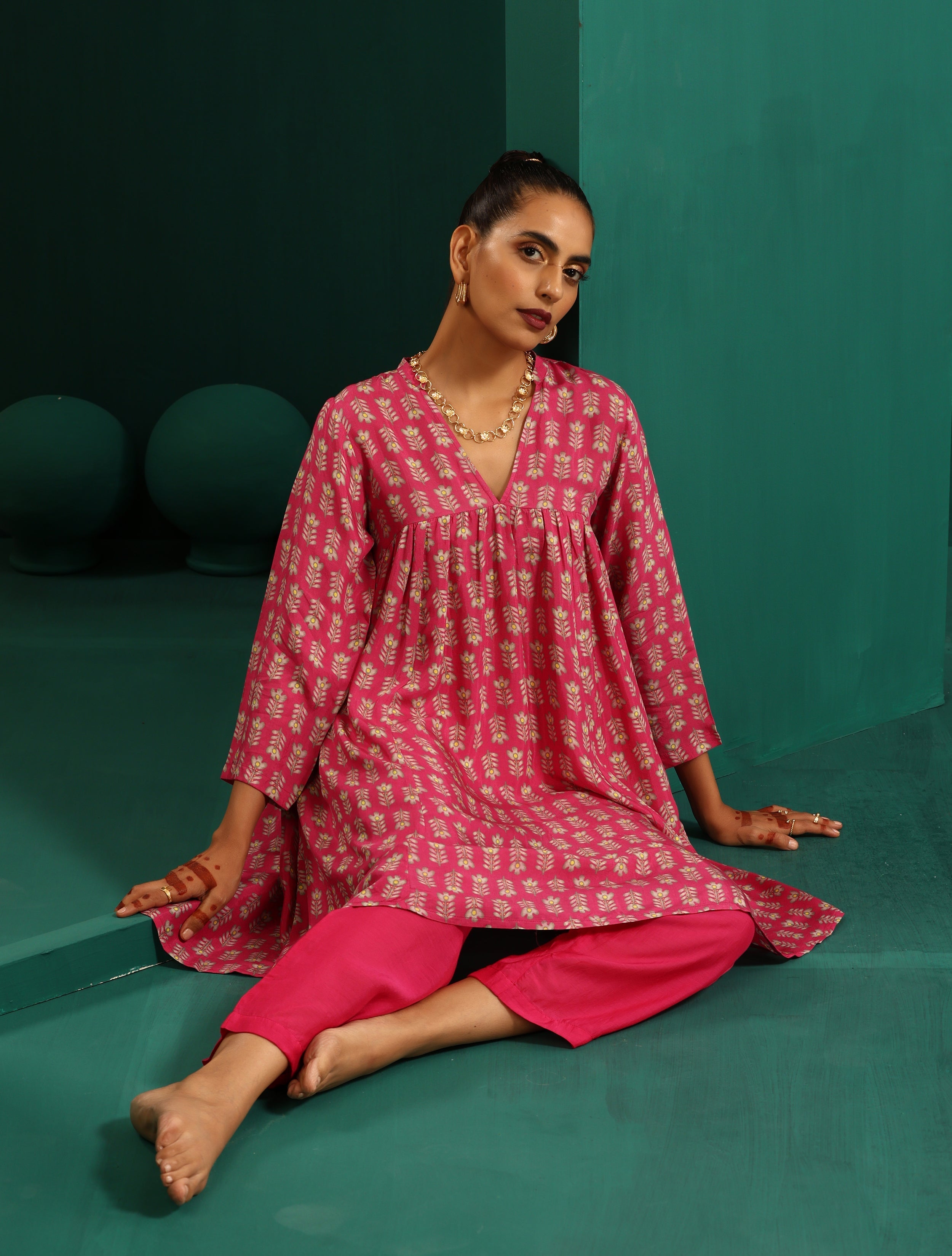 trueBrowns Pink Leaf Muslin Silk Printed Yoke Gathered Co-ord Set - Distacart