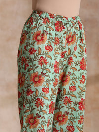 Thumbnail for trueBrowns Seafoam Green Overall Floral Block Print Cotton Angrakha Pant Set - Distacart