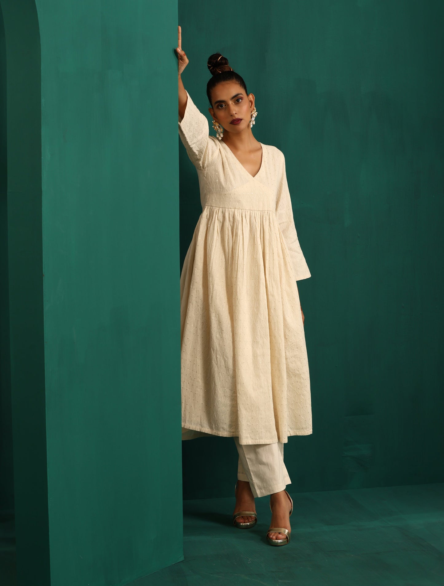 trueBrowns Ivory Tonal Cotton Anarkali Kurta Pant Set - Distacart