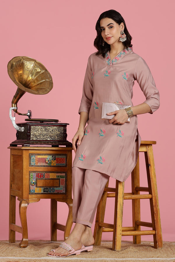 BulBul Women Mauve Embroidered Chanderi Kurta Set