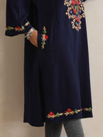 Thumbnail for trueBrowns Blue Kashmiri Embroidered Woollen Phiran Kurta - Distacart