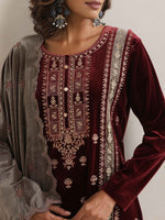 Thumbnail for trueBrowns Maroon Velvet Embroidered Kurta Pant Dupatta Set