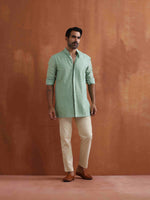Thumbnail for trueBrowns Men's Green Cotton Dobby Front Open Short Kurta