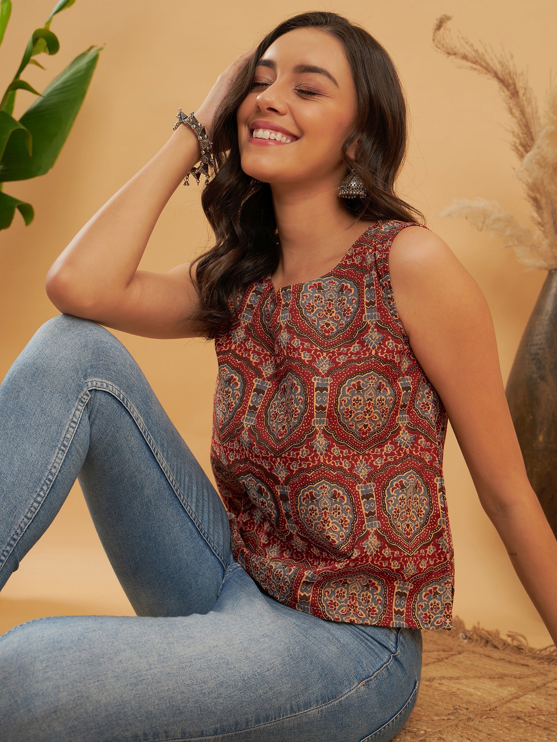 InWeave Maroon Mughal Kalamkari Top