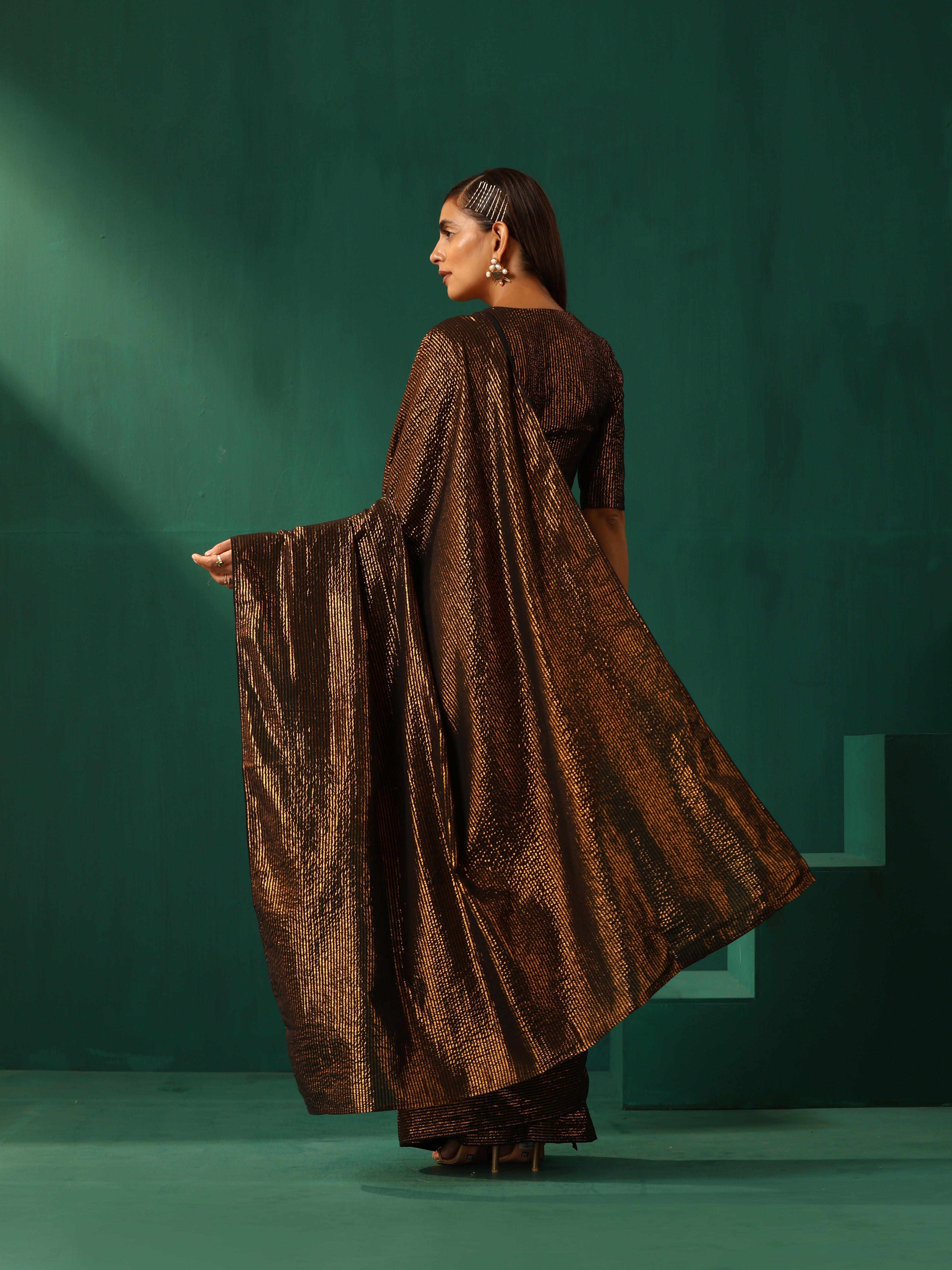 trueBrowns Black Cotton Gold Lurex Striped Ready to Wear Saree - Distacart