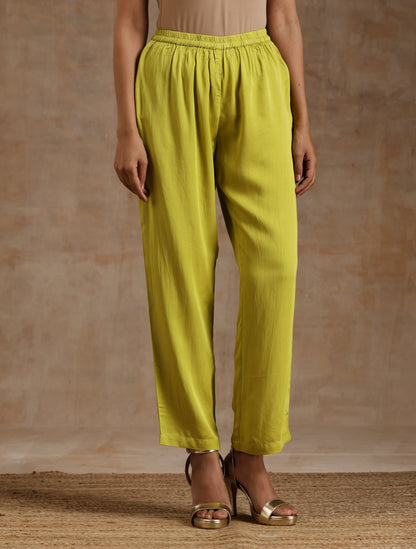 trueBrowns Lime Modal Satin Shoulder Pleat Co-Ord Set - Distacart
