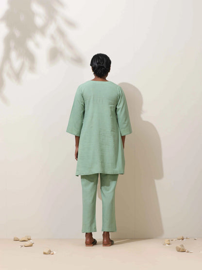 trueBrowns Mint Green Cotton Linen Kurta Co-Ord Set - Distacart