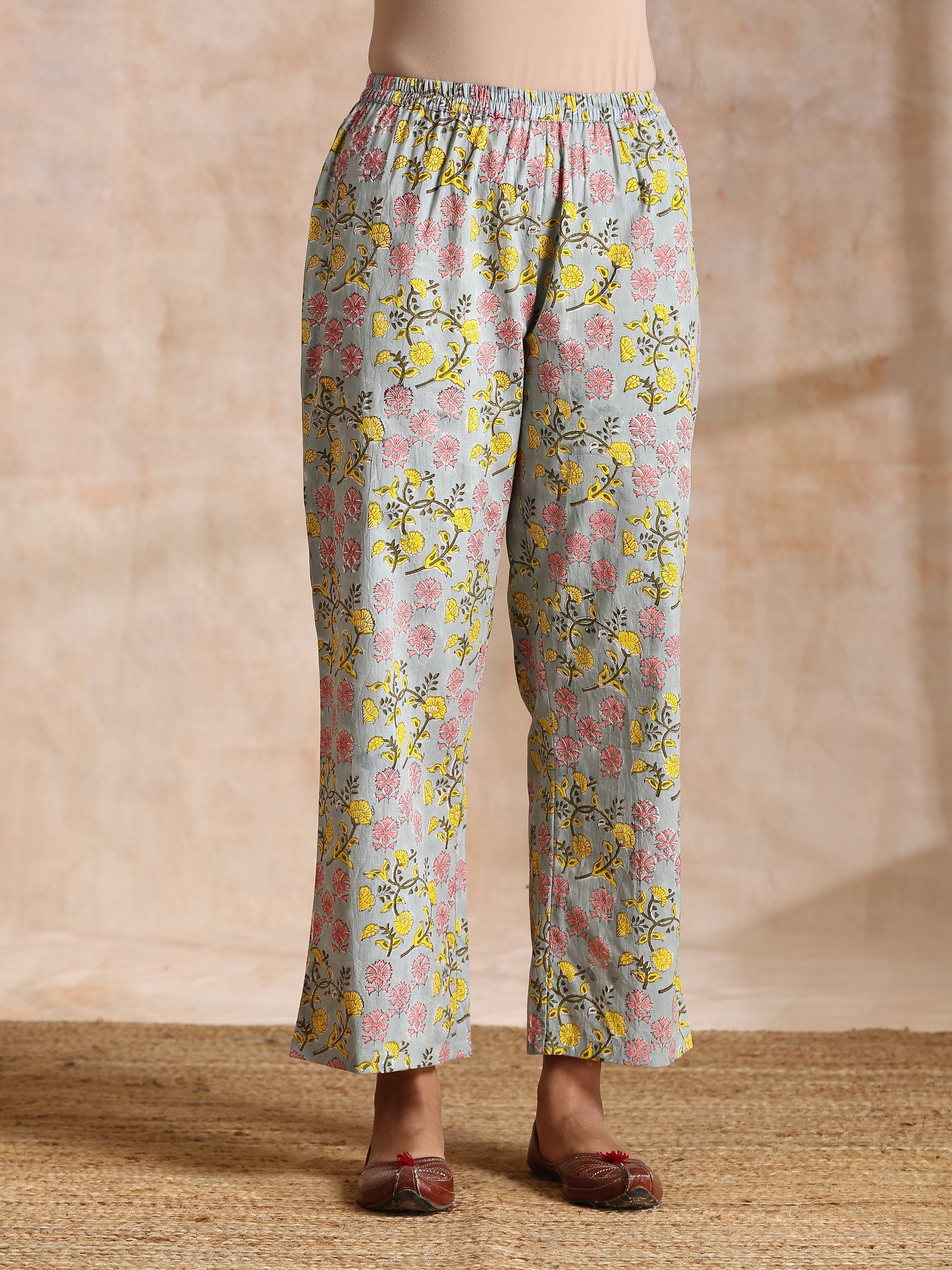 trueBrowns Grey Overall Floral Block Print Cotton Angrakha Kurta Pant Set - Distacart