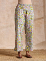 Thumbnail for trueBrowns Grey Overall Floral Block Print Cotton Angrakha Kurta Pant Set - Distacart