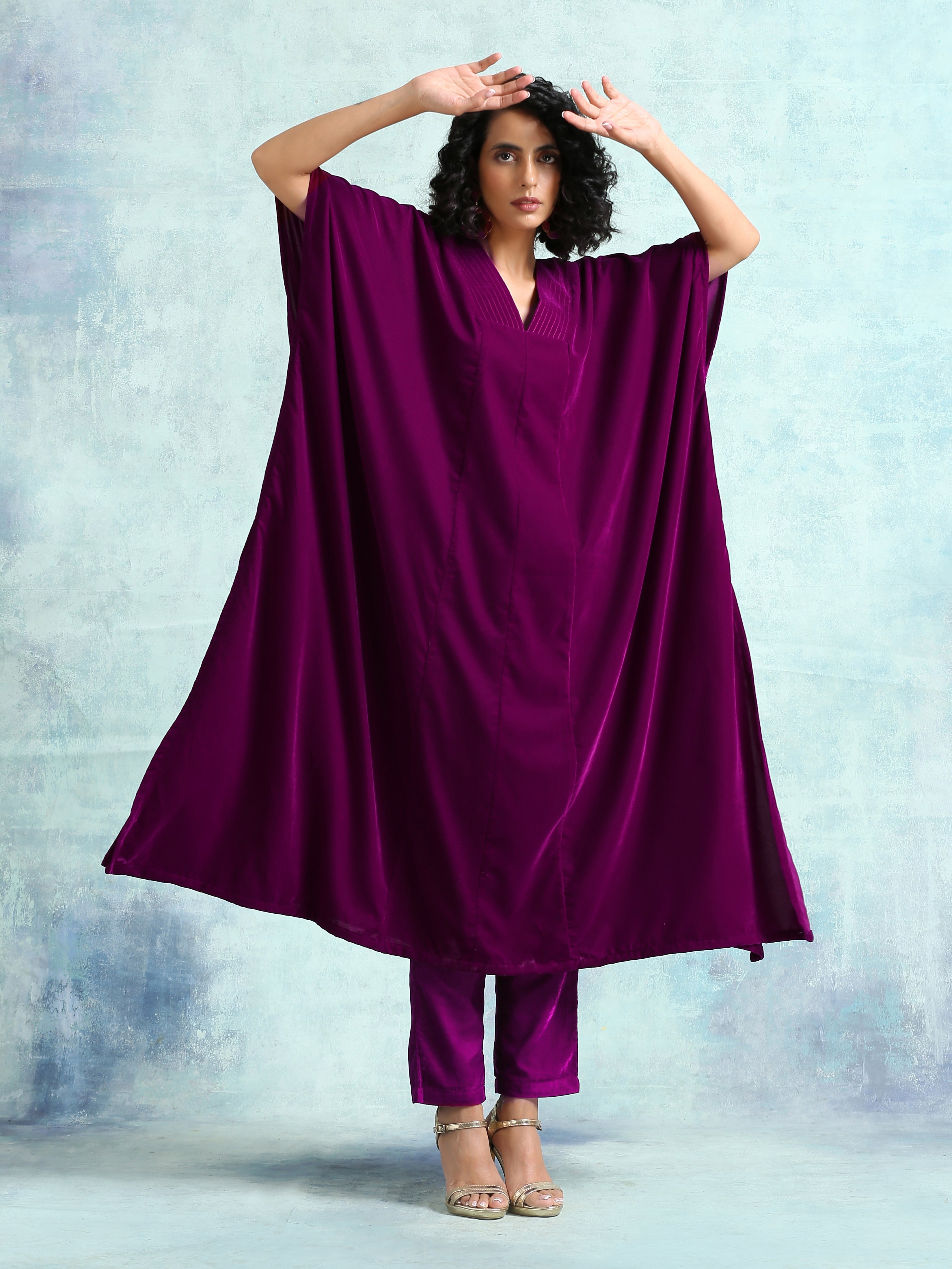 trueBrowns Wine Velvet Kaftan Kurta - Distacart