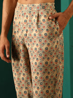Thumbnail for trueBrowns Men's Beige Geometric Muslin Silk Printed Co-ord Set - Distacart