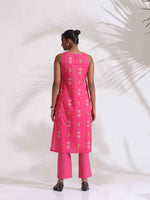 Thumbnail for trueBrowns Pink Cotton Print Sleeveless Kurta Set