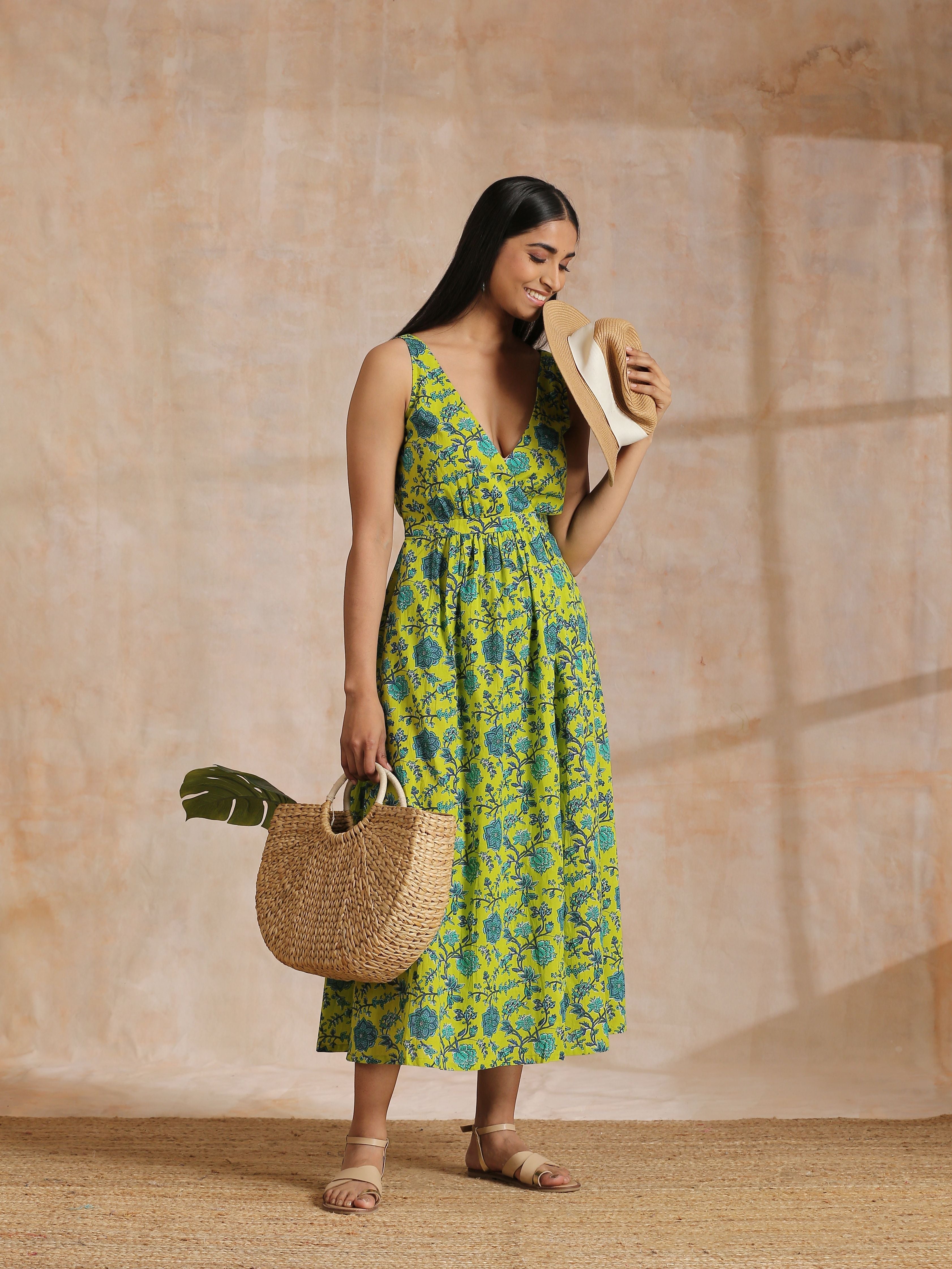 trueBrowns Lime Green Overall Teal Floral Block Print Cotton Sleeveless Wrap Dress - Distacart