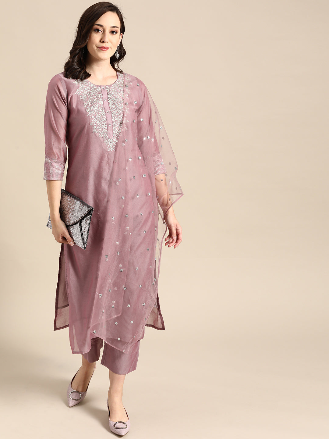 Varanga Women Mauve Floral Embroidered Regular Chanderi Silk Kurta With Trousers & With Dupatta - Distacart