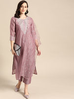 Thumbnail for Varanga Women Mauve Floral Embroidered Regular Chanderi Silk Kurta With Trousers & With Dupatta - Distacart