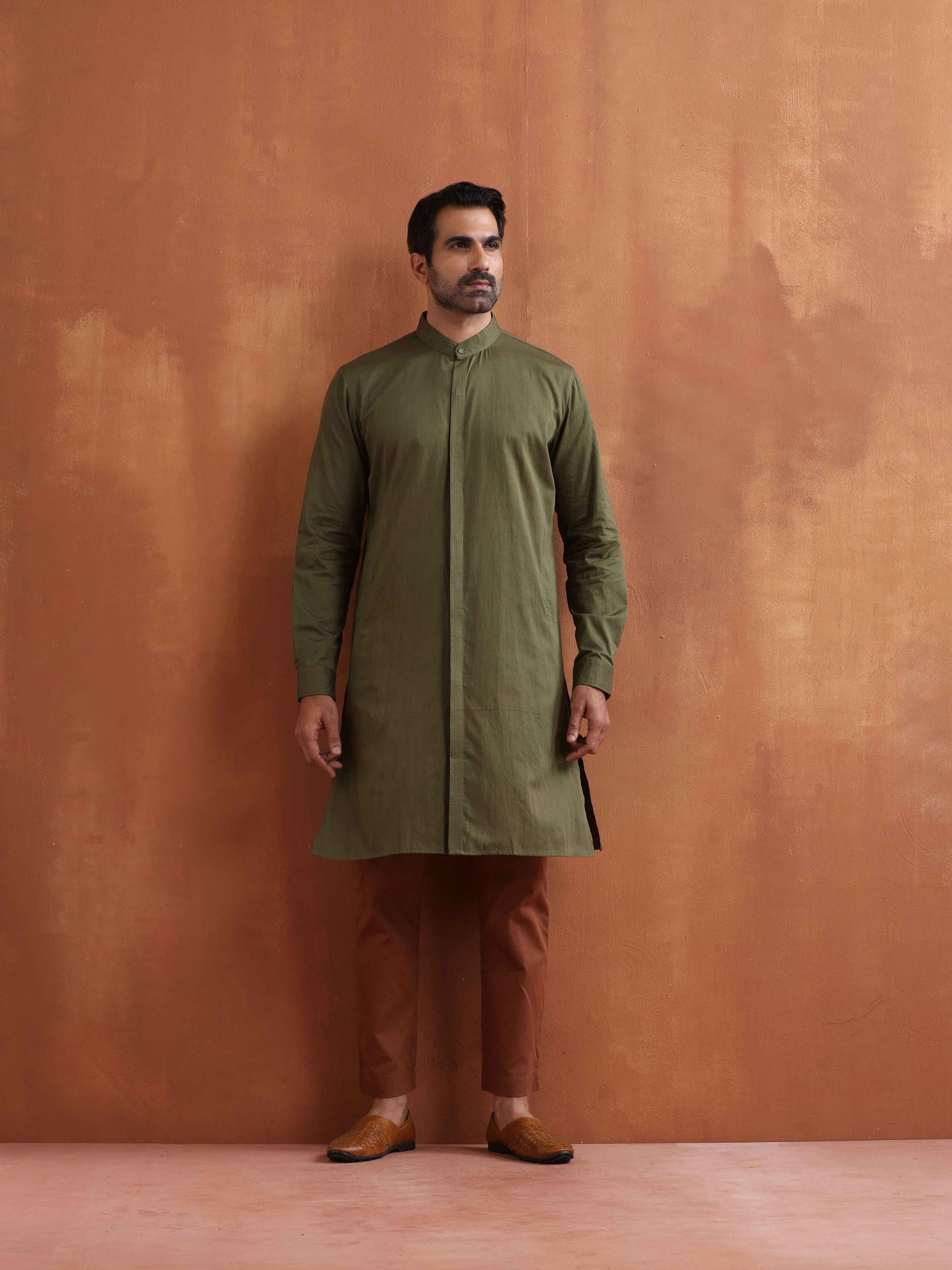 trueBrowns Men's Olive Green Cotton Front Open Kurta - Distacart