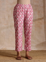 Thumbnail for trueBrowns Pink Overall Floral Block Print Cotton Flared Kurta Pant Set - Distacart