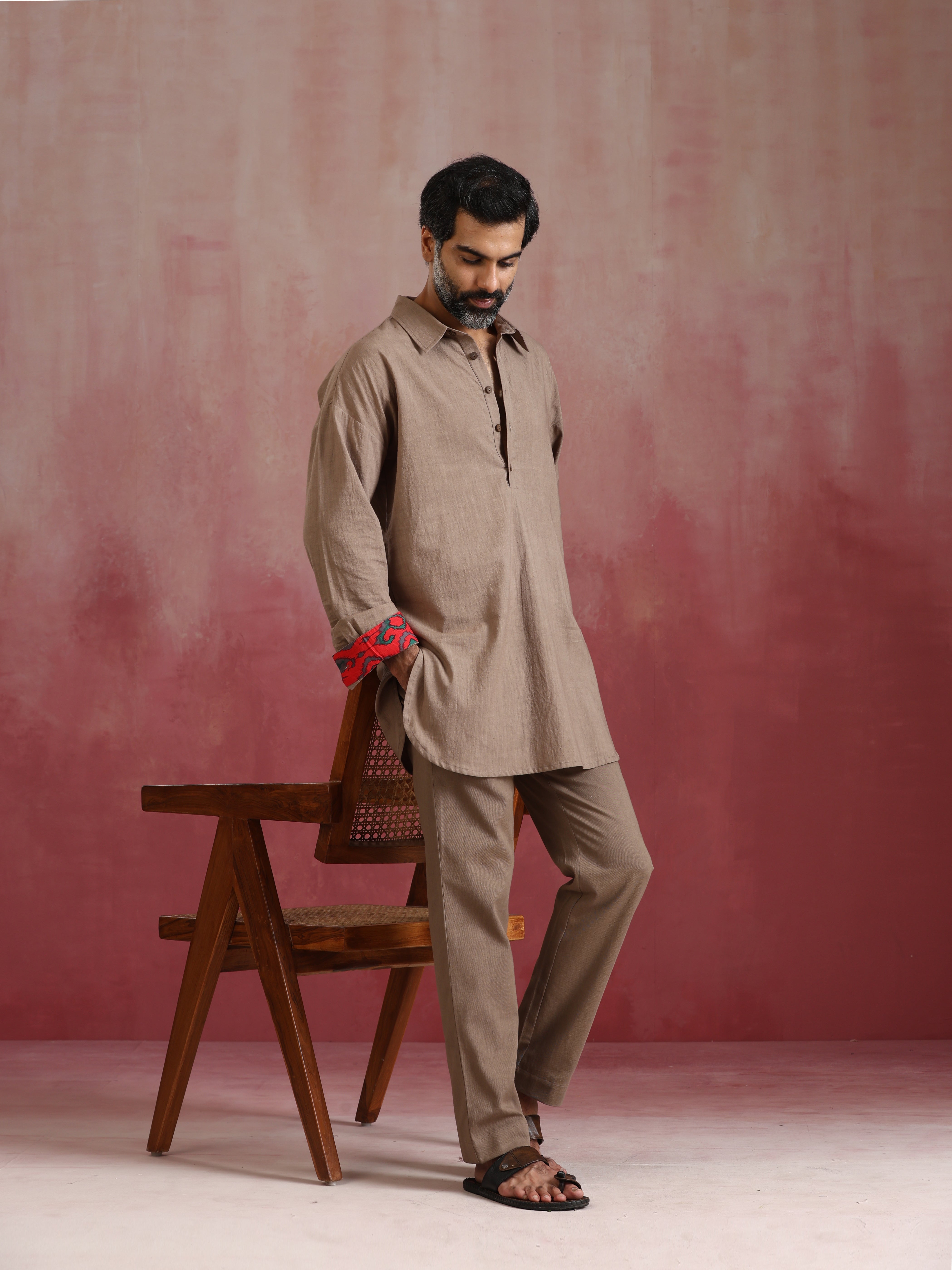 trueBrowns Men's Grey Cotton Shirt Collar Stylized Kurta Co-ord set - Distacart